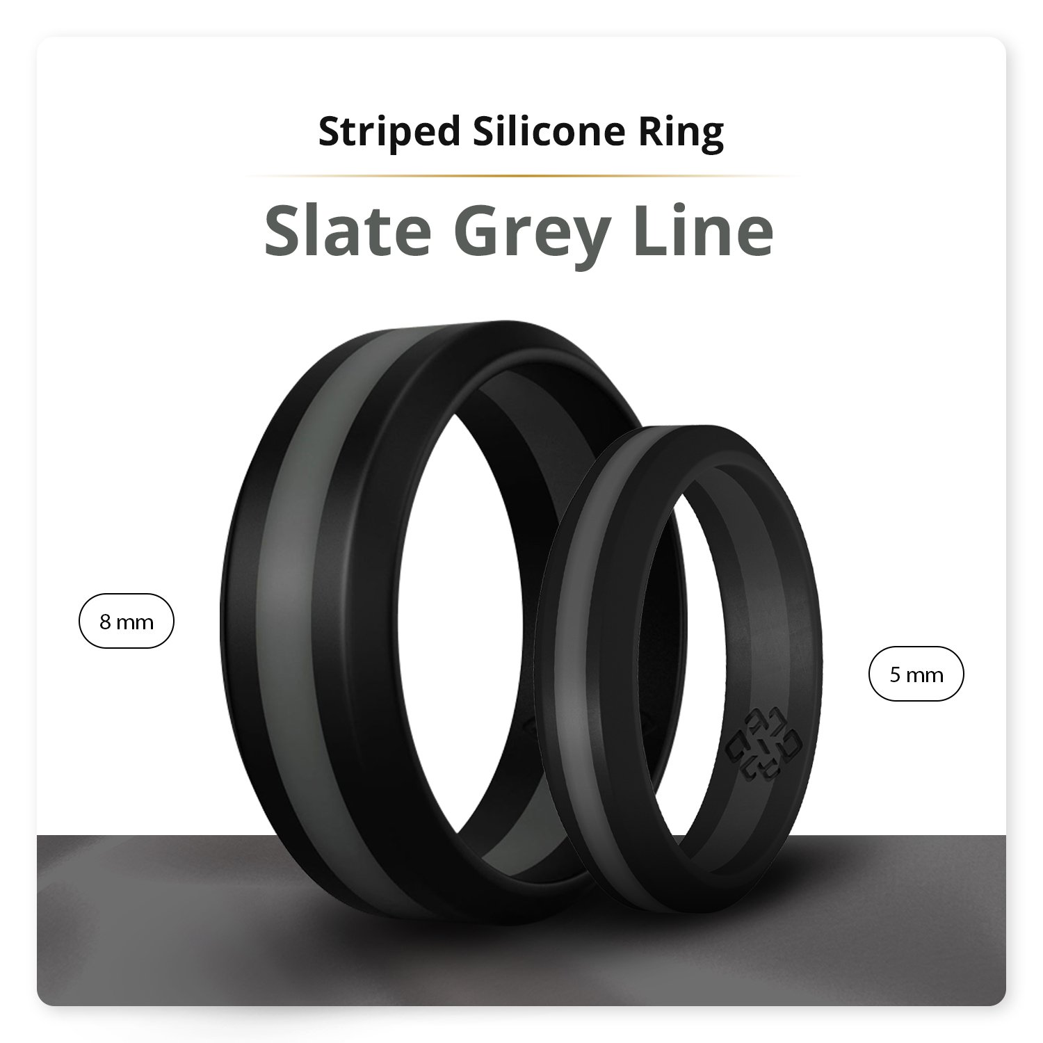 Dark grey silicone ring with black stripes, featuring a low profile and beveled edge, suitable for men and women.