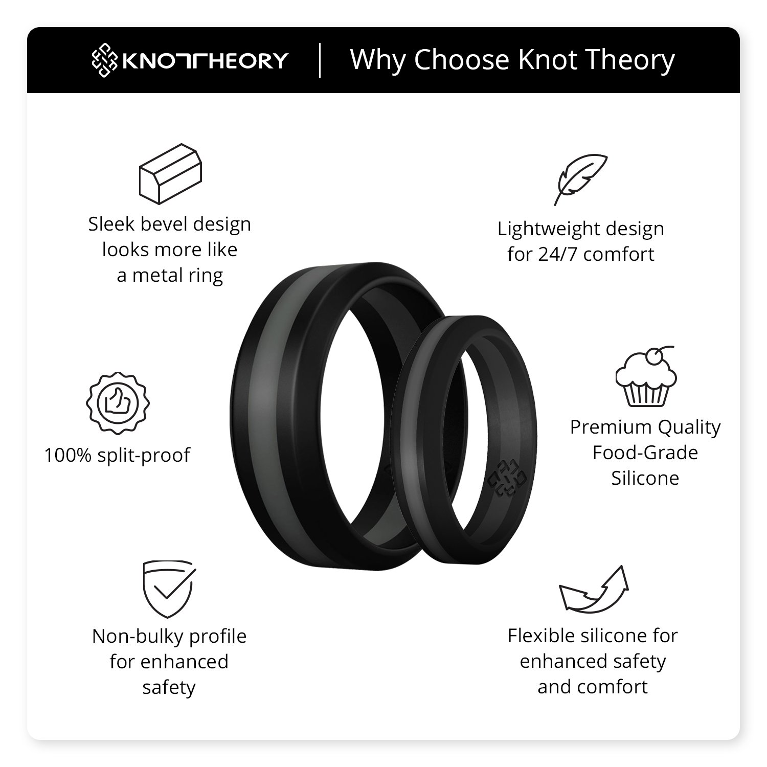 Dark grey silicone ring with black stripes, featuring a low profile and beveled edge, suitable for men and women.