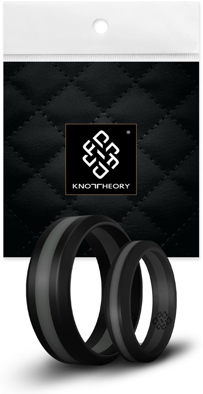 Dark grey silicone ring with black stripes, featuring a low profile and beveled edge, suitable for men and women.