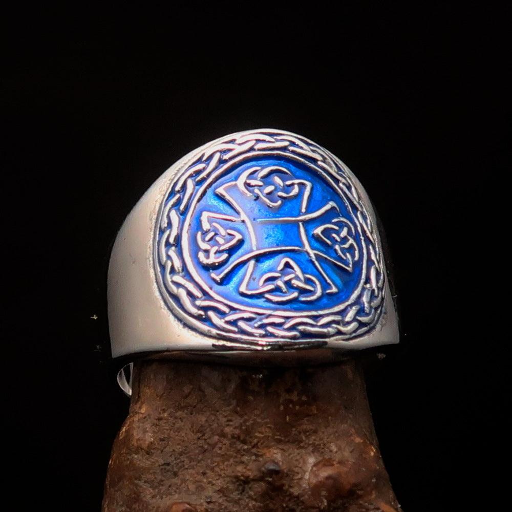 Ancient blue Celtic Birgit's Cross Men's Ring made of solid sterling silver with blue enamel finish, showcasing intricate design.