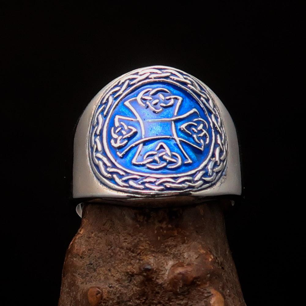 Ancient blue Celtic Birgit's Cross Men's Ring made of solid sterling silver with blue enamel finish, showcasing intricate design.