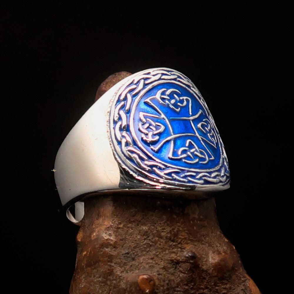 Ancient blue Celtic Birgit's Cross Men's Ring made of solid sterling silver with blue enamel finish, showcasing intricate design.