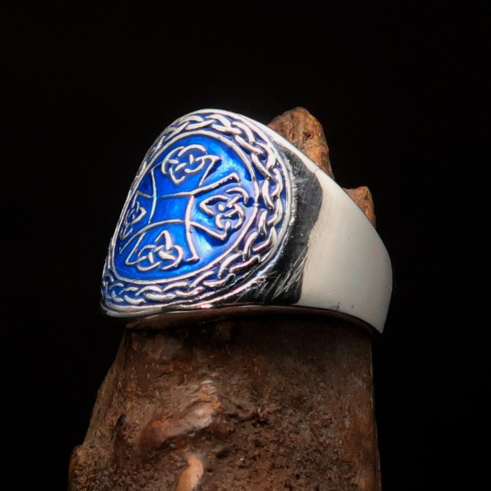 Ancient blue Celtic Birgit's Cross Men's Ring made of solid sterling silver with blue enamel finish, showcasing intricate design.