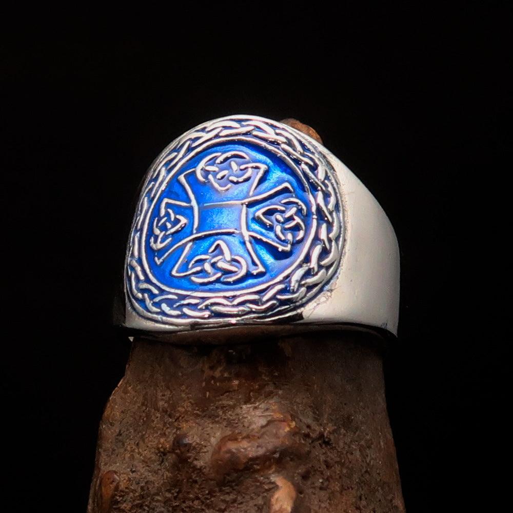 Ancient blue Celtic Birgit's Cross Men's Ring made of solid sterling silver with blue enamel finish, showcasing intricate design.