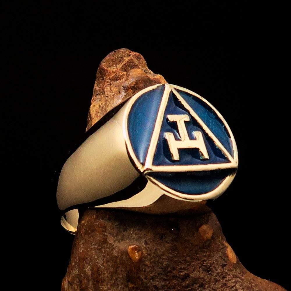 Men's blue Masonic pinky ring made of solid brass with high polished finish and enamel detailing.