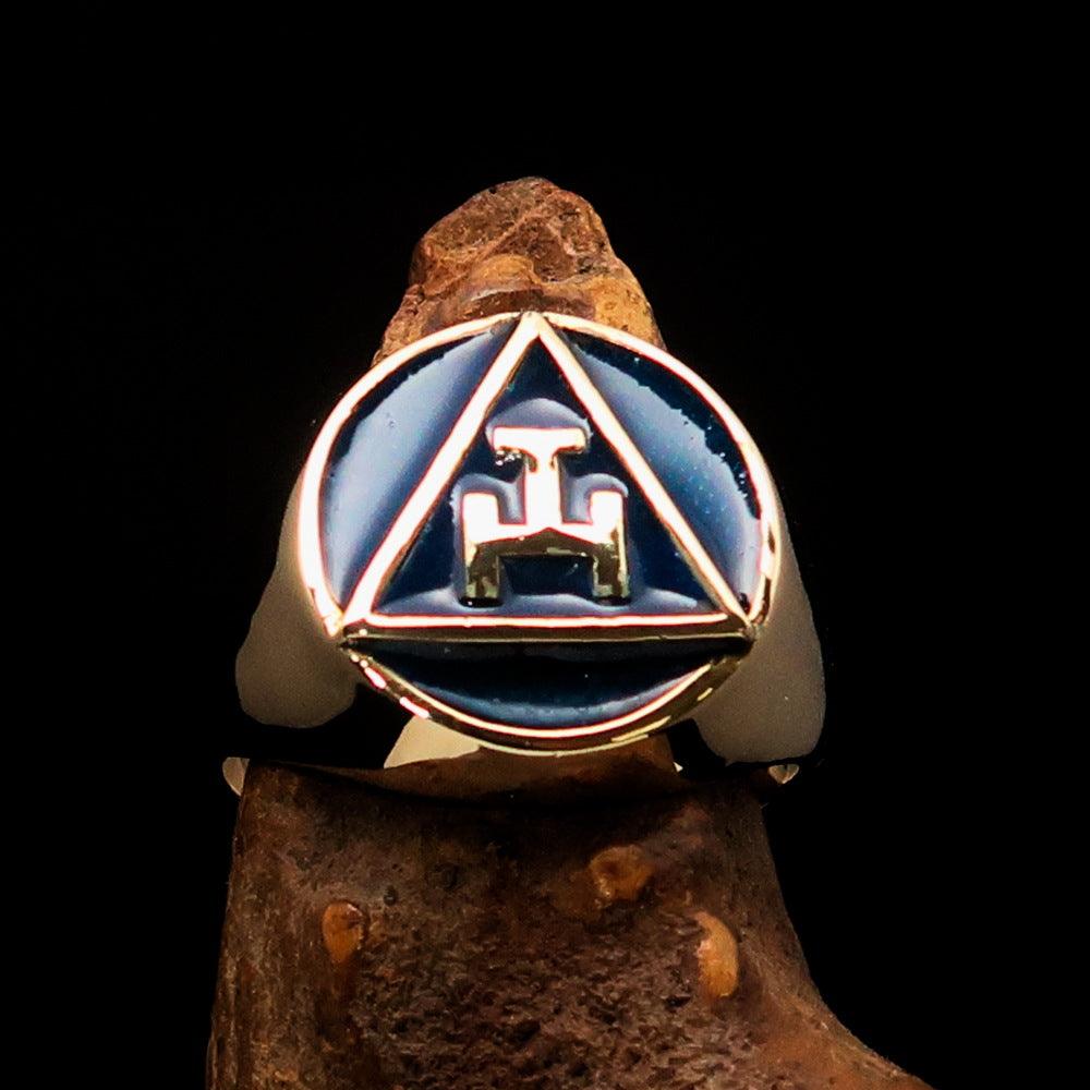 Men's blue Masonic pinky ring made of solid brass with high polished finish and enamel detailing.