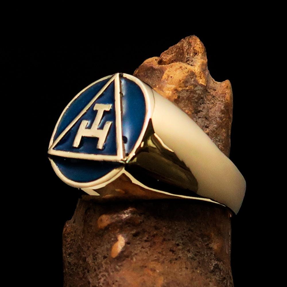 Men's blue Masonic pinky ring made of solid brass with high polished finish and enamel detailing.