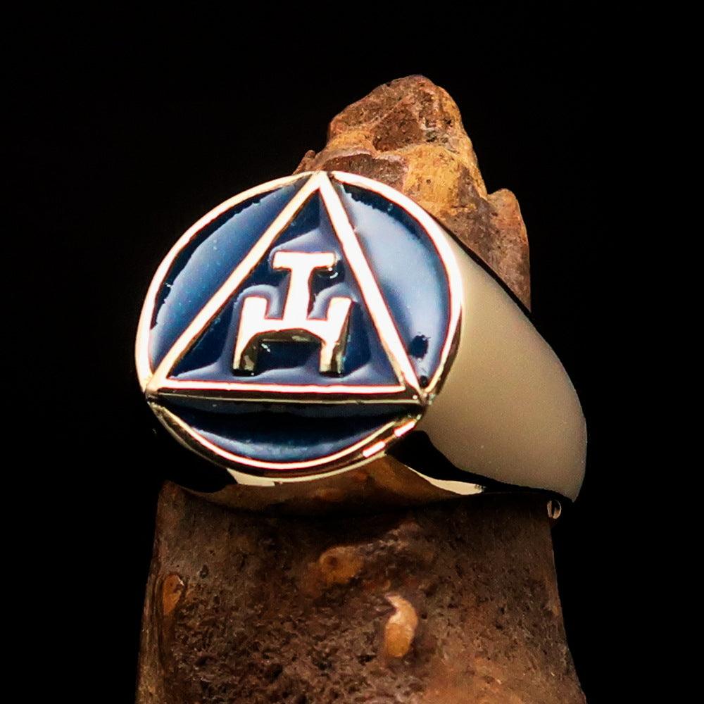 Men's blue Masonic pinky ring made of solid brass with high polished finish and enamel detailing.