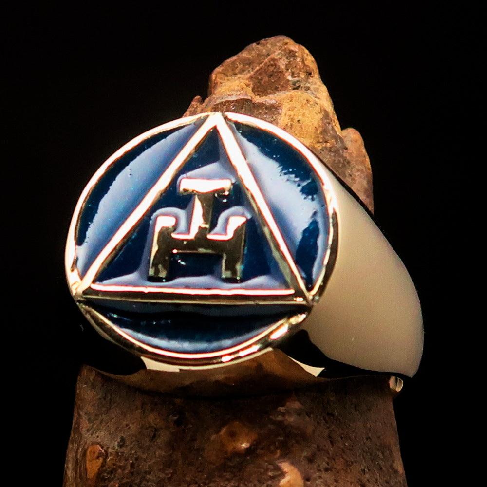 Men's blue Masonic pinky ring made of solid brass with high polished finish and enamel detailing.