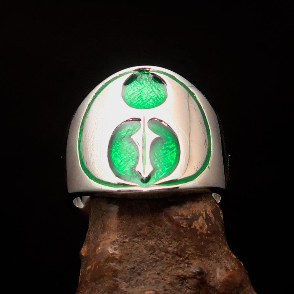 Men's green Labrys double Axe Ring made of solid sterling silver with high polish and enamel finish, showcasing intricate design.