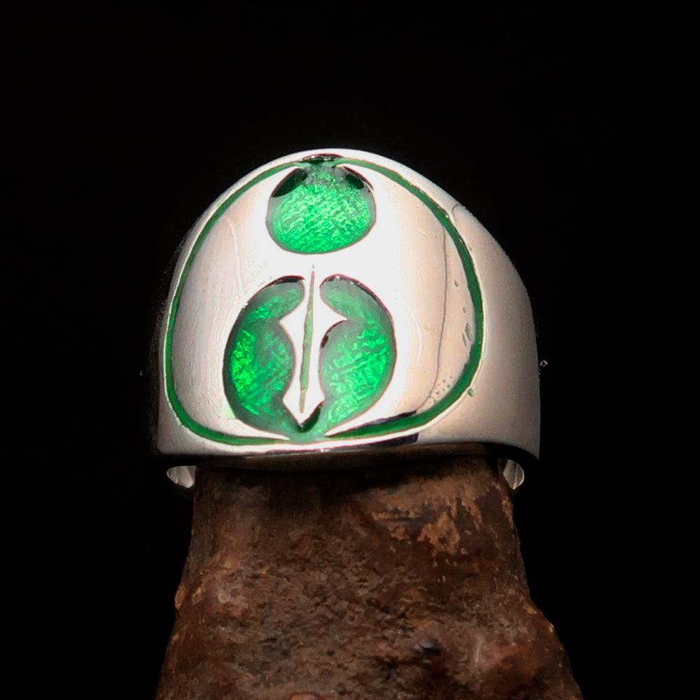 Men's green Labrys double Axe Ring made of solid sterling silver with high polish and enamel finish, showcasing intricate design.