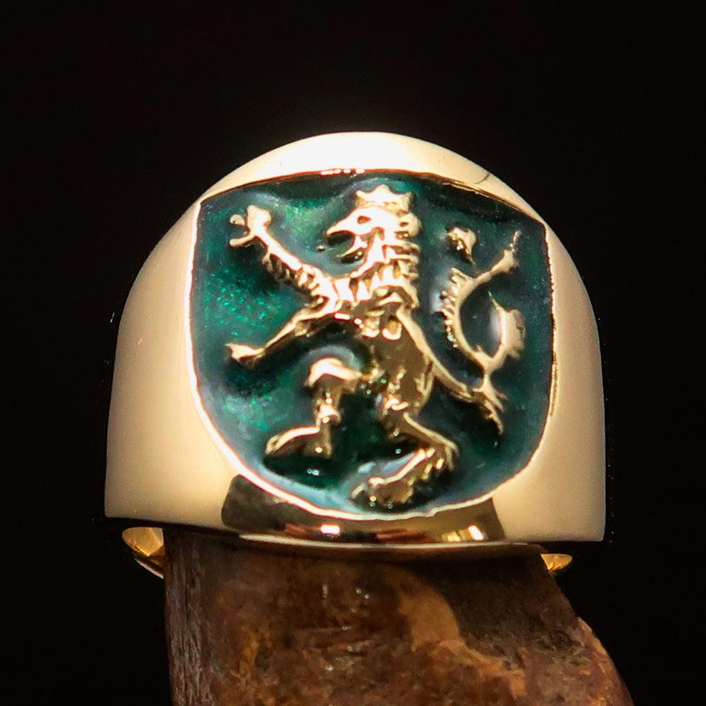 Men's green Rampant Lion Ring made of solid brass, featuring vibrant green enamel and a polished finish, symbolizing strength and courage.