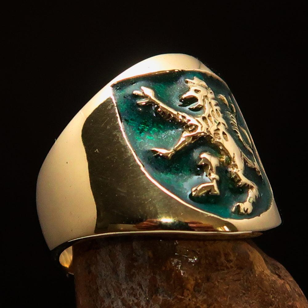 Men's green Rampant Lion Ring made of solid brass, featuring vibrant green enamel and a polished finish, symbolizing strength and courage.