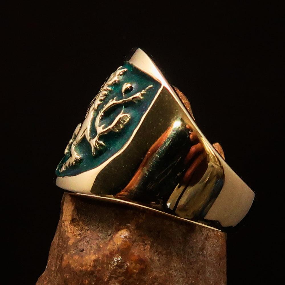 Men's green Rampant Lion Ring made of solid brass, featuring vibrant green enamel and a polished finish, symbolizing strength and courage.