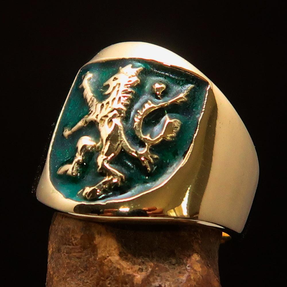 Men's green Rampant Lion Ring made of solid brass, featuring vibrant green enamel and a polished finish, symbolizing strength and courage.