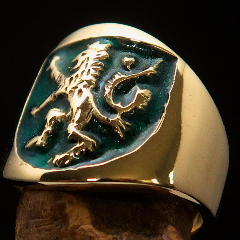 Men's green Rampant Lion Ring made of solid brass, featuring vibrant green enamel and a polished finish, symbolizing strength and courage.