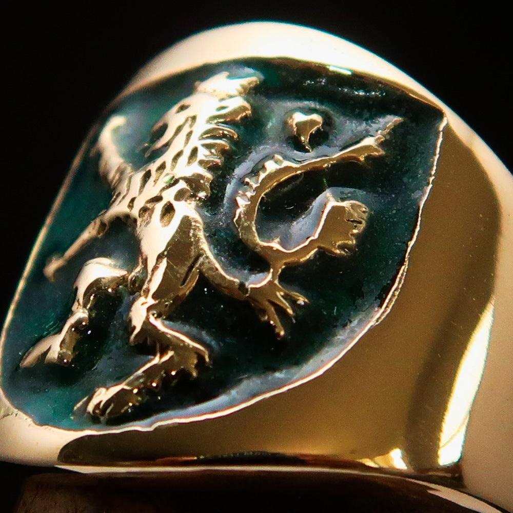 Men's green Rampant Lion Ring made of solid brass, featuring vibrant green enamel and a polished finish, symbolizing strength and courage.