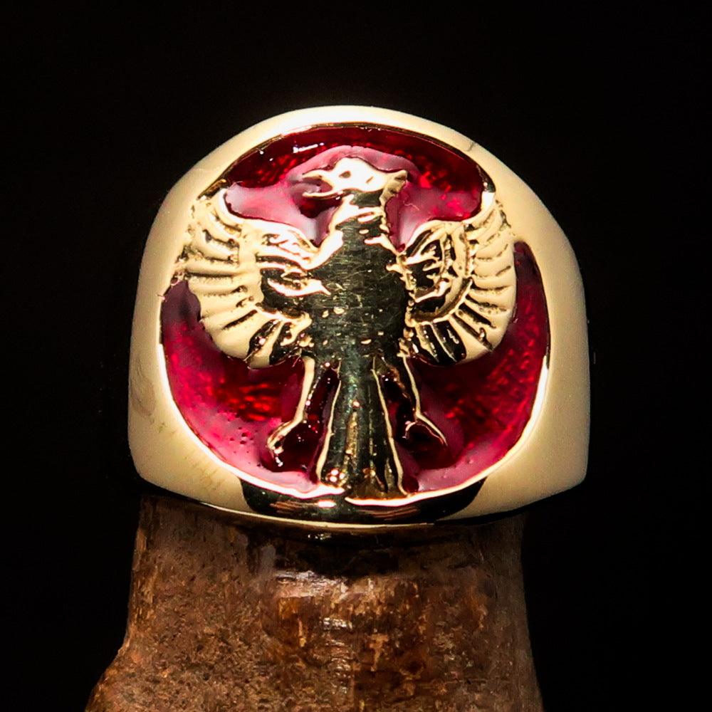 Excellent Crafted Ancient Men's Red Garuda Ring made of solid brass with intricate details and bold red enamel design.