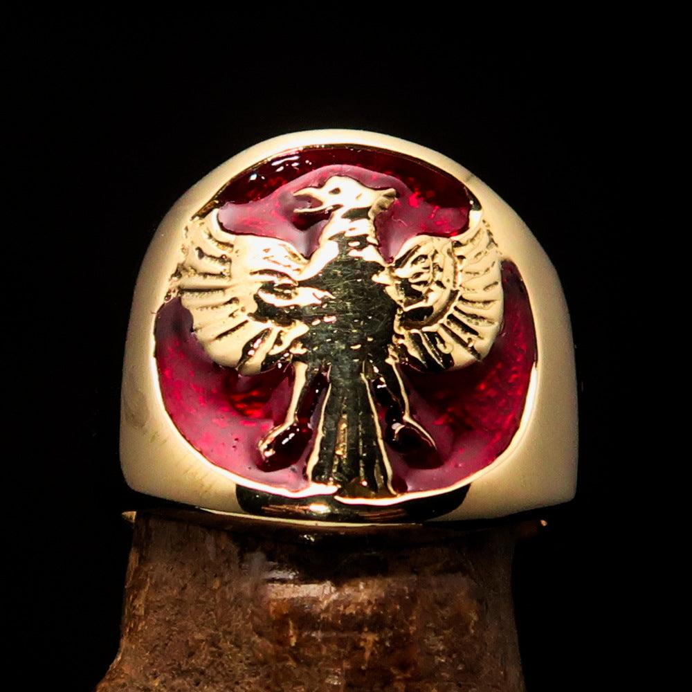 Excellent Crafted Ancient Men's Red Garuda Ring made of solid brass with intricate details and bold red enamel design.