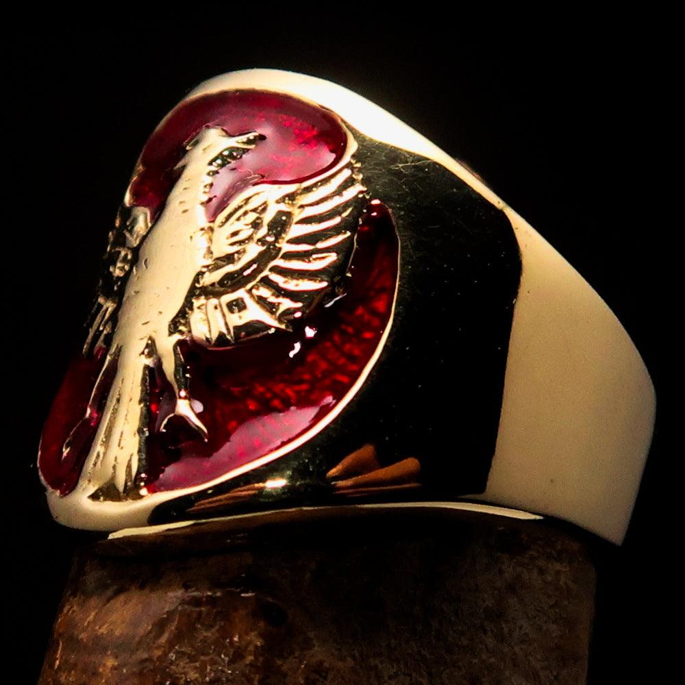 Excellent Crafted Ancient Men's Red Garuda Ring made of solid brass with intricate details and bold red enamel design.