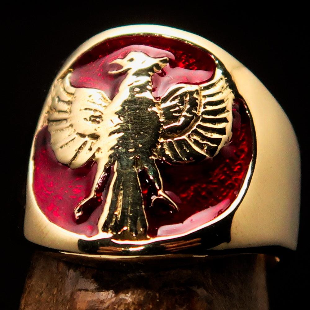 Excellent Crafted Ancient Men's Red Garuda Ring made of solid brass with intricate details and bold red enamel design.