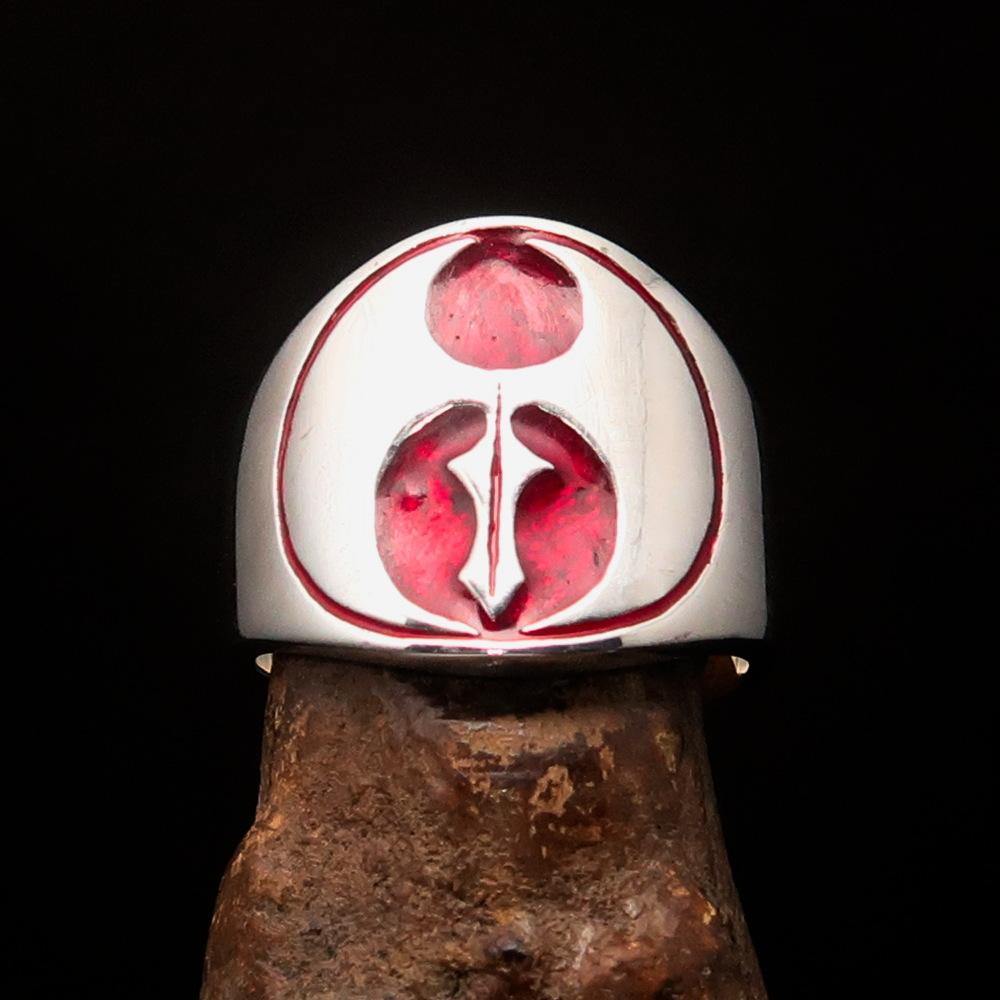 Men's Red Labrys Double Axe Ring made of solid sterling silver with high polish and red enamel detailing.