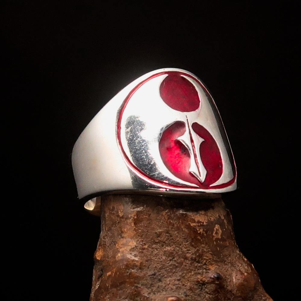 Men's Red Labrys Double Axe Ring made of solid sterling silver with high polish and red enamel detailing.