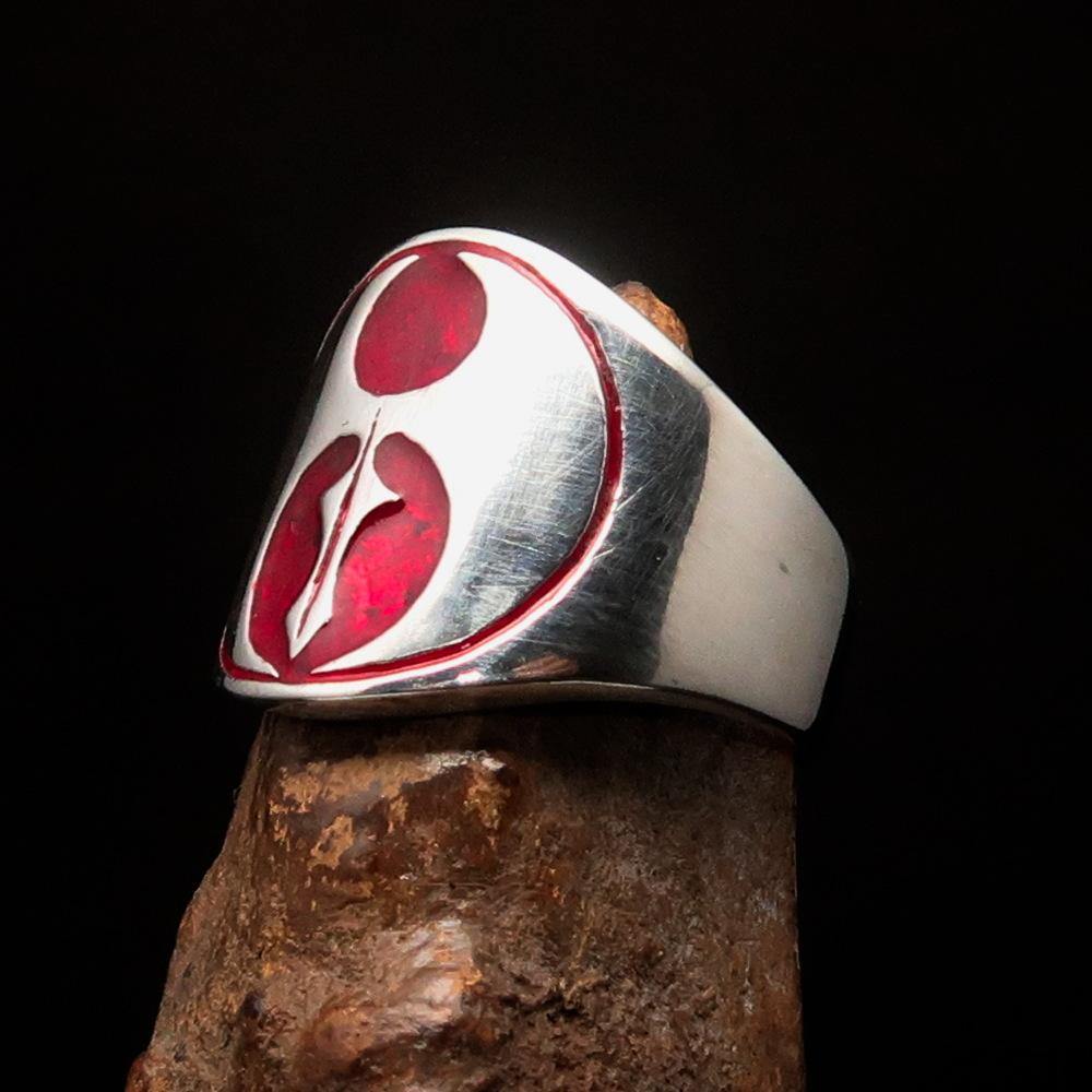 Men's Red Labrys Double Axe Ring made of solid sterling silver with high polish and red enamel detailing.