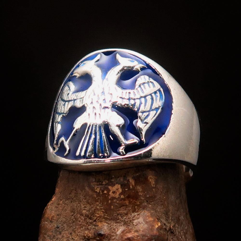 Excellent Crafted Ancient Men's Twin Head Eagle Ring in Blue, made of sterling silver with intricate twin head eagle design and polished enamel finish.