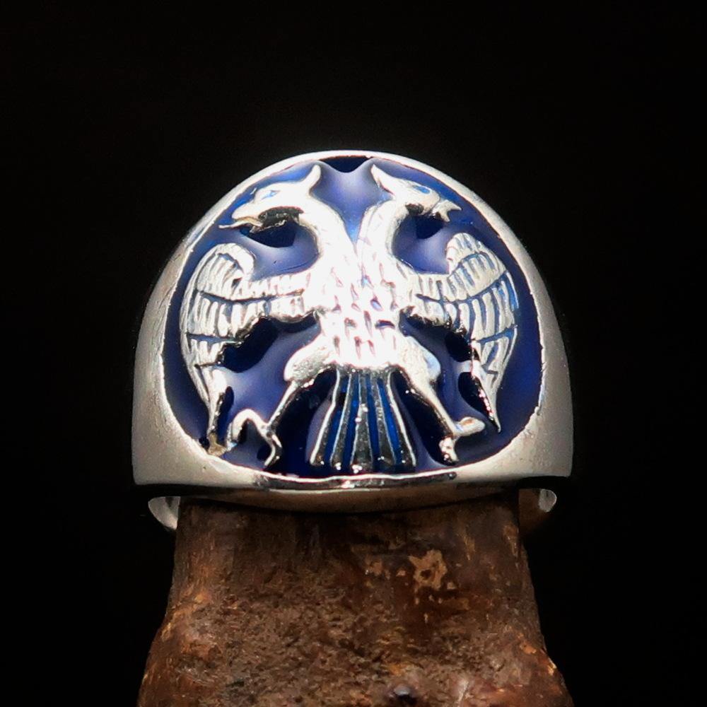 Excellent Crafted Ancient Men's Twin Head Eagle Ring in Blue, made of sterling silver with intricate twin head eagle design and polished enamel finish.