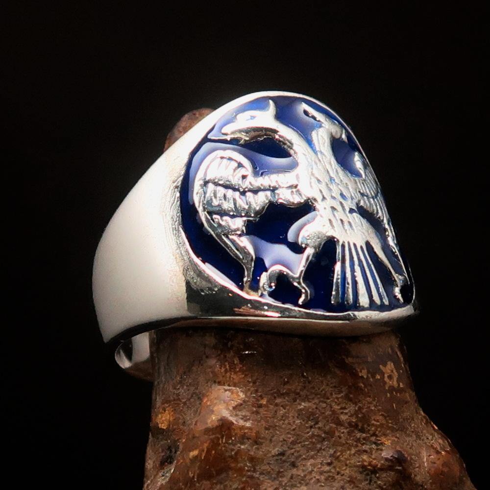 Excellent Crafted Ancient Men's Twin Head Eagle Ring in Blue, made of sterling silver with intricate twin head eagle design and polished enamel finish.