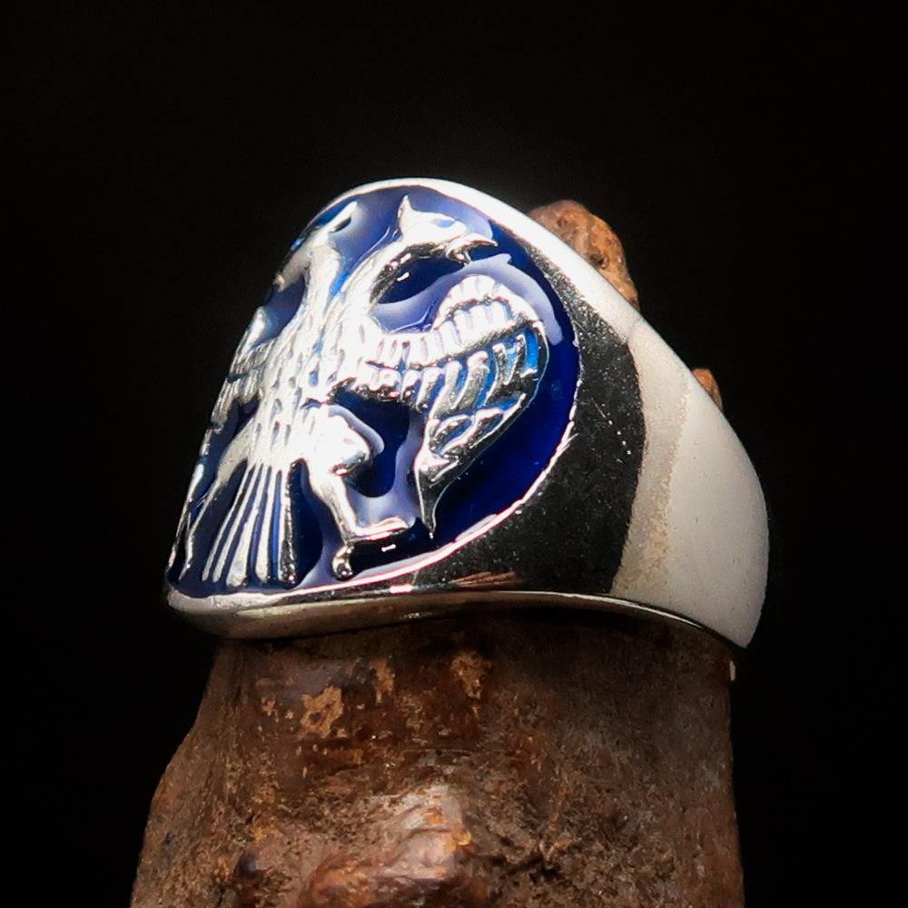 Excellent Crafted Ancient Men's Twin Head Eagle Ring in Blue, made of sterling silver with intricate twin head eagle design and polished enamel finish.