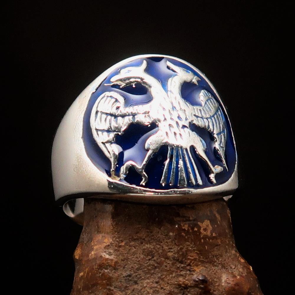 Excellent Crafted Ancient Men's Twin Head Eagle Ring in Blue, made of sterling silver with intricate twin head eagle design and polished enamel finish.