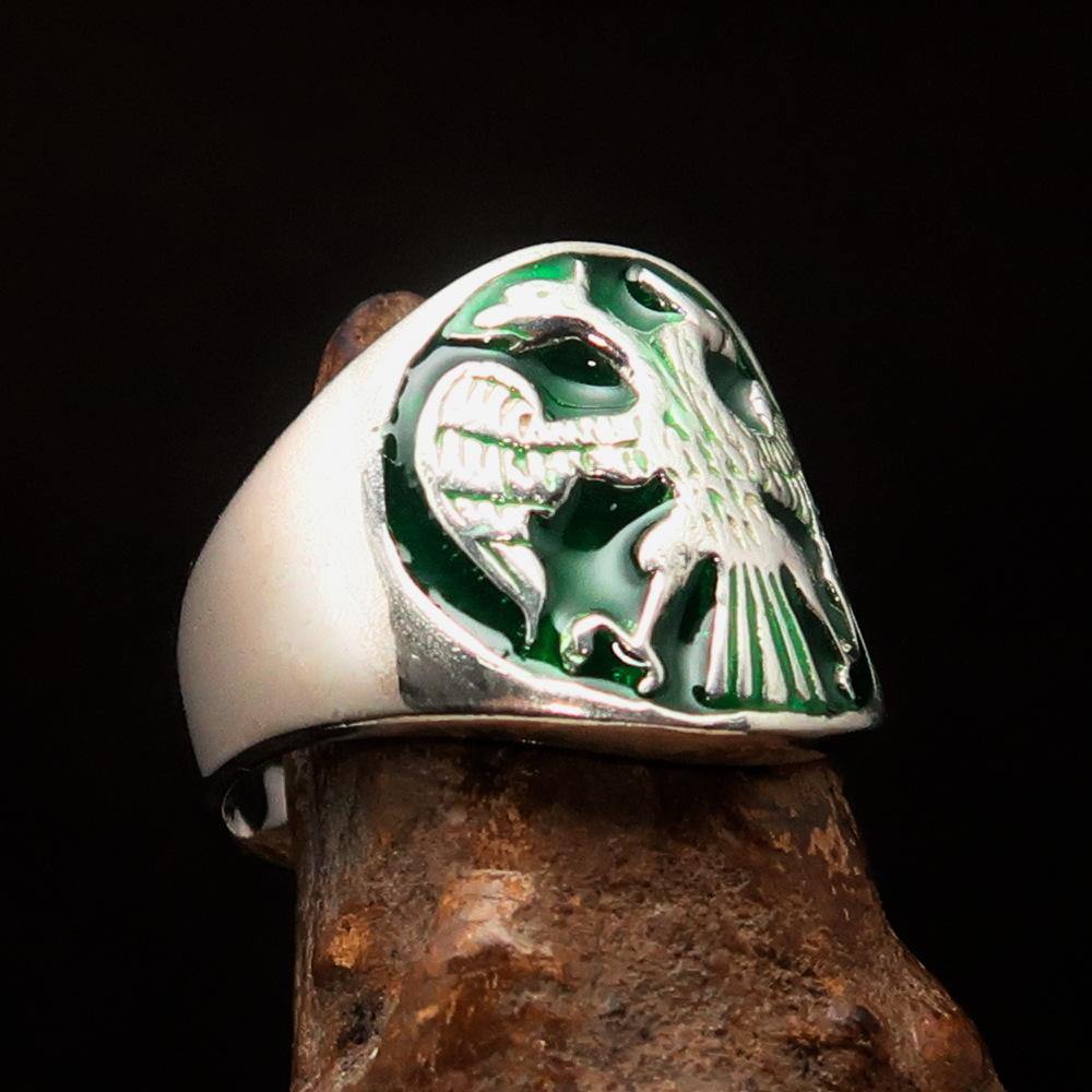 Men's Twin Head Eagle Ring in Sterling Silver with green enamel inlay, showcasing intricate ancient design and polished finish.