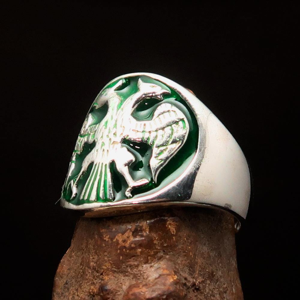 Men's Twin Head Eagle Ring in Sterling Silver with green enamel inlay, showcasing intricate ancient design and polished finish.