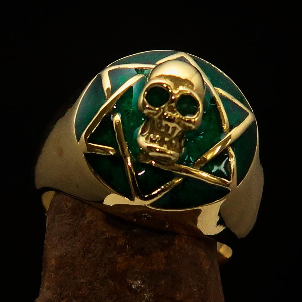 Men's green Hexagram Skull Ring made of solid brass with a high polished finish and green enamel detailing.