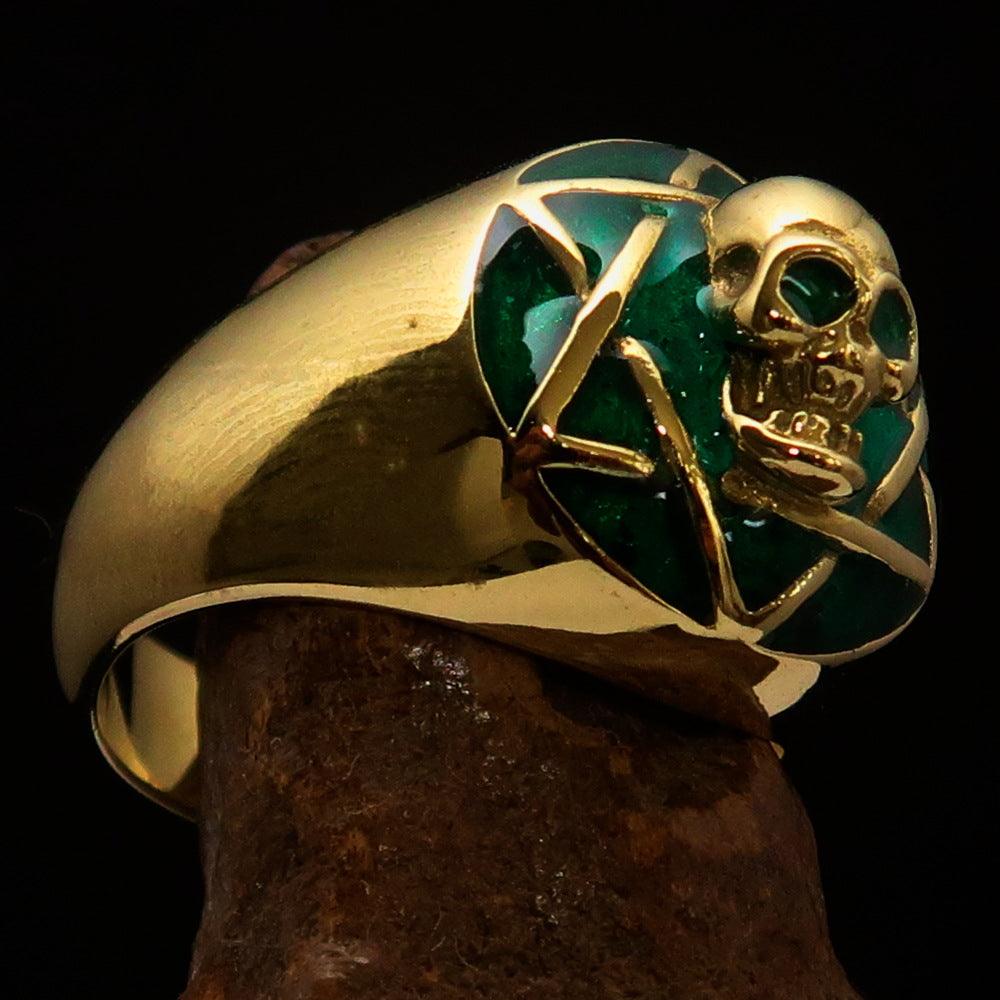 Men's green Hexagram Skull Ring made of solid brass with a high polished finish and green enamel detailing.