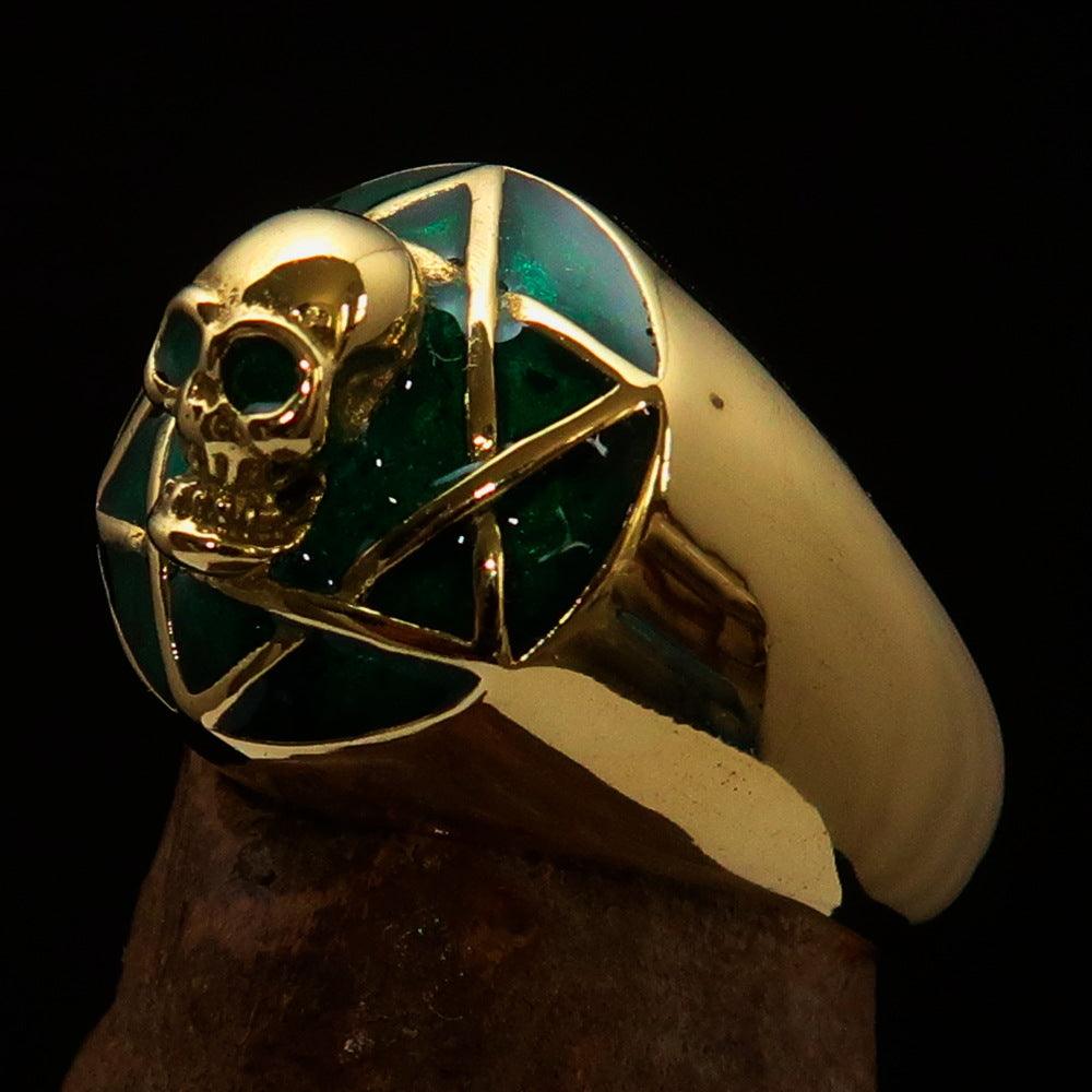 Men's green Hexagram Skull Ring made of solid brass with a high polished finish and green enamel detailing.