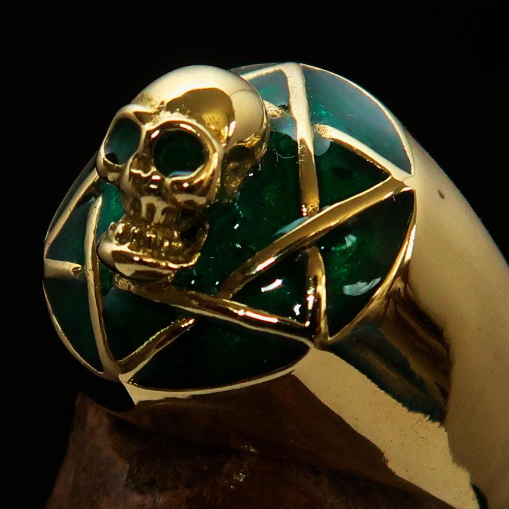 Men's green Hexagram Skull Ring made of solid brass with a high polished finish and green enamel detailing.