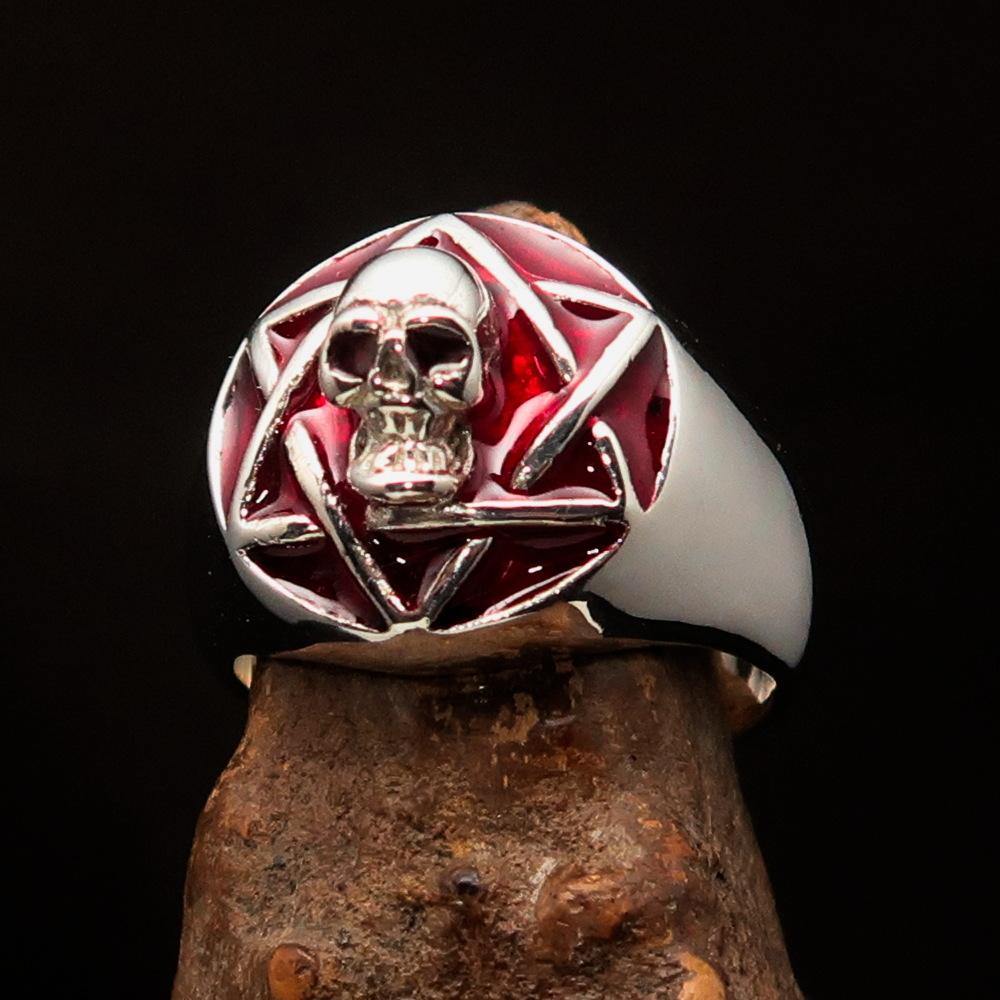 A beautifully crafted domed red Men's Hexagram Skull Ring made of solid sterling silver with a high-polished finish and red enamel.