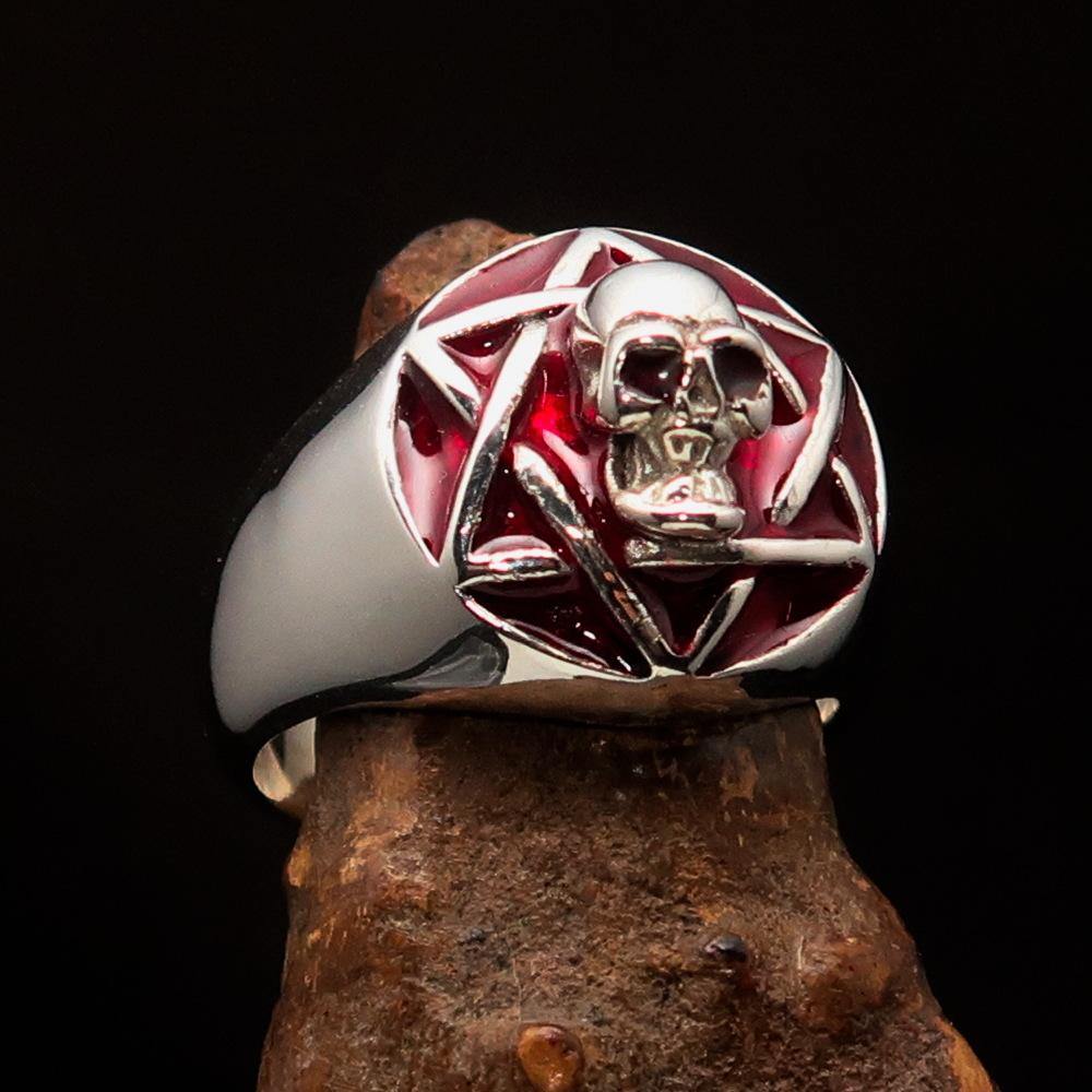 A beautifully crafted domed red Men's Hexagram Skull Ring made of solid sterling silver with a high-polished finish and red enamel.