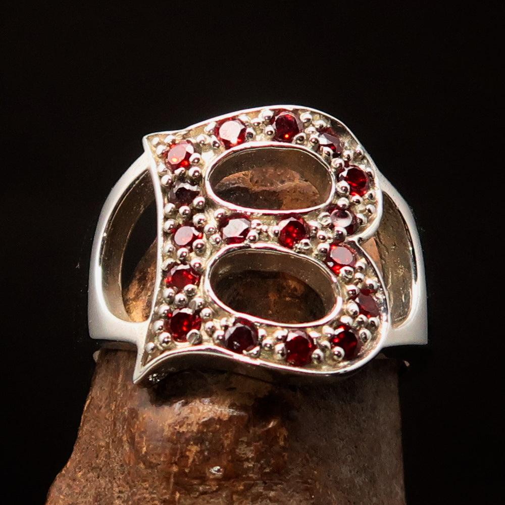 Excellent Crafted Initial Ring featuring a bold letter B design, adorned with 17 red cubic zirconias, made of high-polished sterling silver.