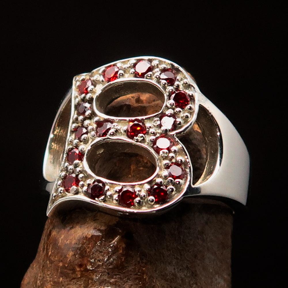 Excellent Crafted Initial Ring featuring a bold letter B design, adorned with 17 red cubic zirconias, made of high-polished sterling silver.