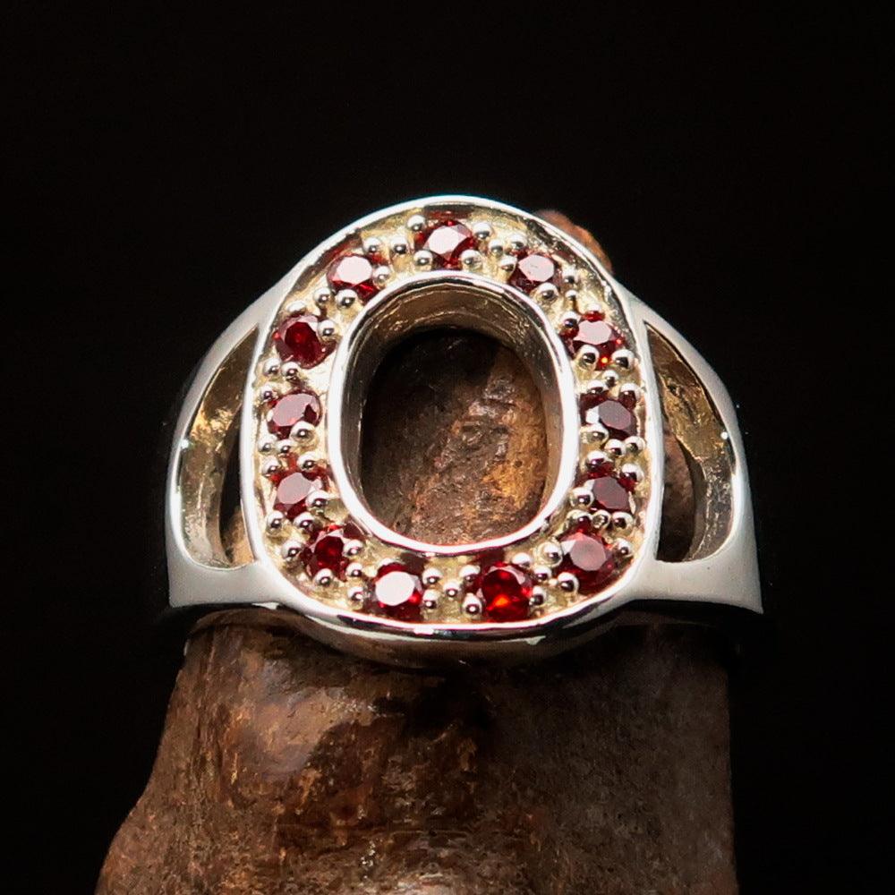 Excellent crafted Initial Ring featuring bold letter O with 13 red Cubic Zirconias set in polished sterling silver.