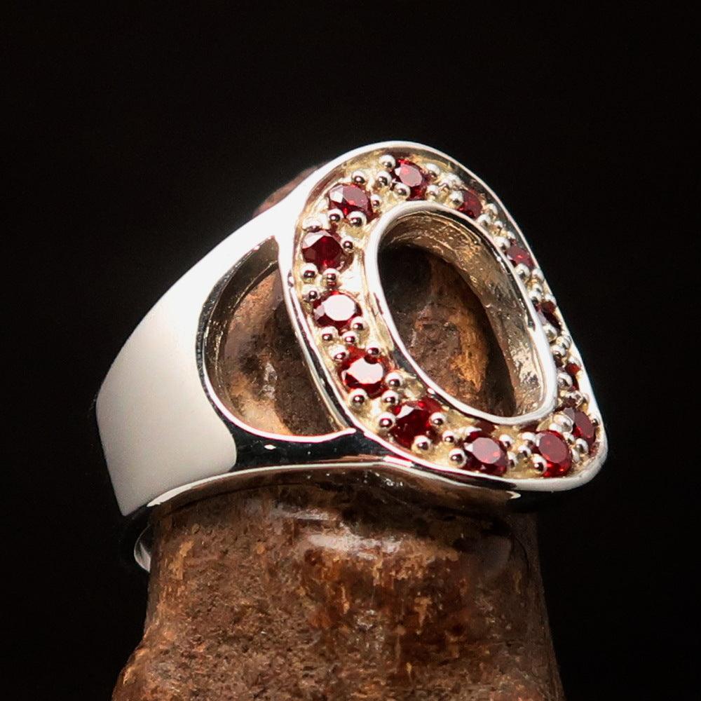 Excellent crafted Initial Ring featuring bold letter O with 13 red Cubic Zirconias set in polished sterling silver.