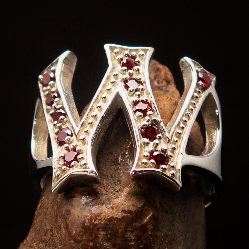 Excellent Crafted Initial Ring featuring a bold letter W adorned with 11 red cubic zirconias, made of sterling silver.