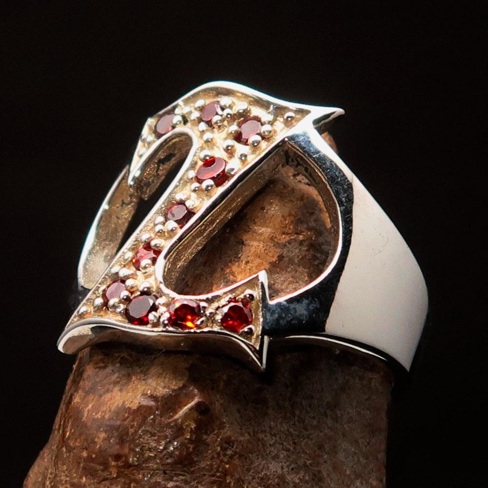 Excellent Crafted Initial Ring featuring a bold letter Z design adorned with 10 red cubic zirconias, made from sterling silver.