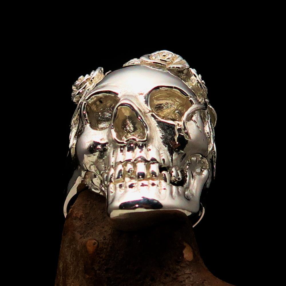 A beautifully crafted Lady's Biker Granny Skull Ring made of solid sterling silver with a mirror-polished finish, showcasing intricate skull details.