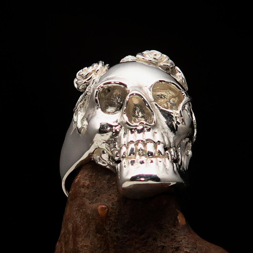 A beautifully crafted Lady's Biker Granny Skull Ring made of solid sterling silver with a mirror-polished finish, showcasing intricate skull details.