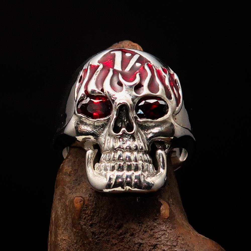 Men's 1% Flaming Skull Outlaw Ring featuring red CZ eyes, crafted from solid sterling silver with a polished finish.